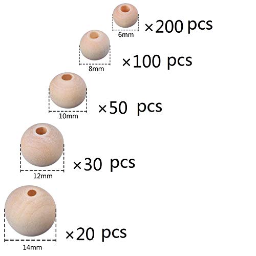 Looconi Amaney 400pcs 6mm-14mm Unfinished Wood Beads Assorted Natural Round Ball Loose Solid Wooden Spacer Beads for Crafts DIY Handmade Jewelry Making Bracelet Garland Hair - Image 2