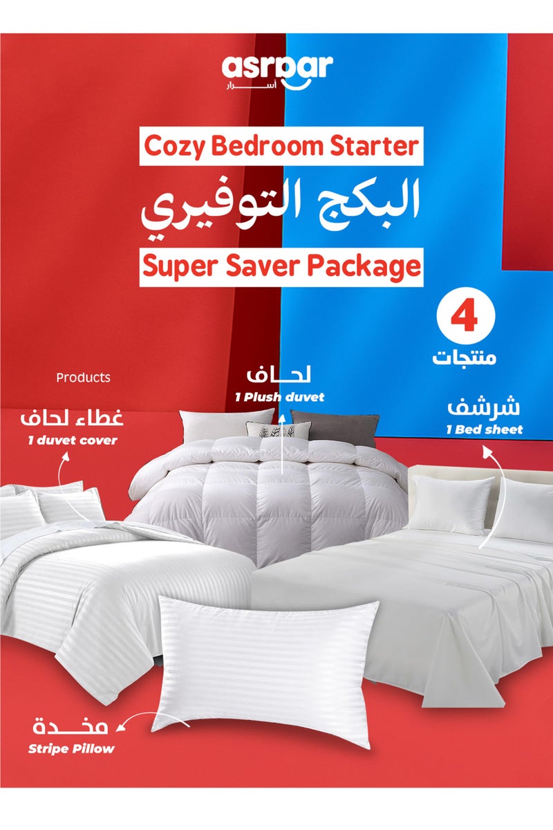 Asraar Cozy Bedroom Starter 4-Piece Set – Includes 1 Stripe Pillow 75 x 50cm, 1 Duvet 240 x 260cm, 1 Bed Sheet 180 x 200cm, and 1 Duvet Cover 240 x 260cm – Perfect for Comfortable Sleep and Modern Home Decor – Standard Size Bedding Essentials  - Image 1