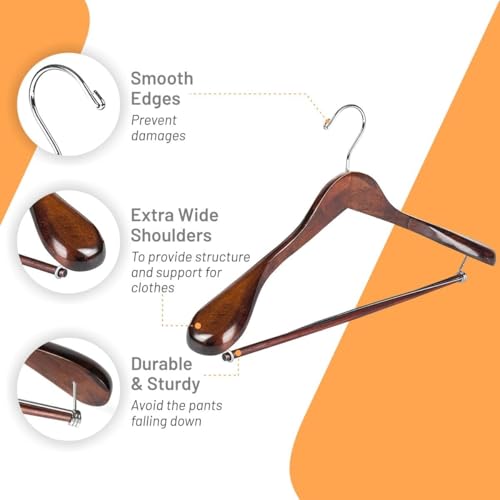 DEILSY Wide Shoulder Wooden Suit Hangers with Non-Slip Pants Bar & 360° Swivel Hook - Smooth Finish Coat Hangers for Men and Women - Heavy Duty Clothes Hanger – Pack of 6 - Image 3