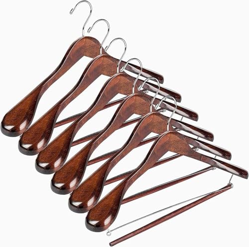 DEILSY Wide Shoulder Wooden Suit Hangers with Non-Slip Pants Bar & 360° Swivel Hook - Smooth Finish Coat Hangers for Men and Women - Heavy Duty Clothes Hanger – Pack of 6 - Image 1