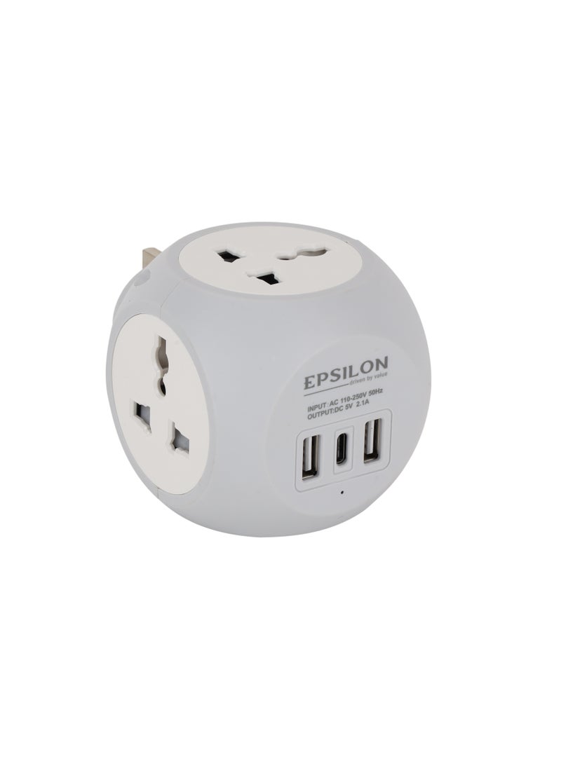 Epsilon Epsilon 3250W Universal Adapter-EPSES220 /Comes with 13A Power, 4-Way Socket, Dual USB Ports , Type C Charging Port, Child Safety Shutter/ International Travel Adapter for Cell Phones, Tablets, Camera, and More, Perfect for Home, Office, or Travel Use  - Image 1
