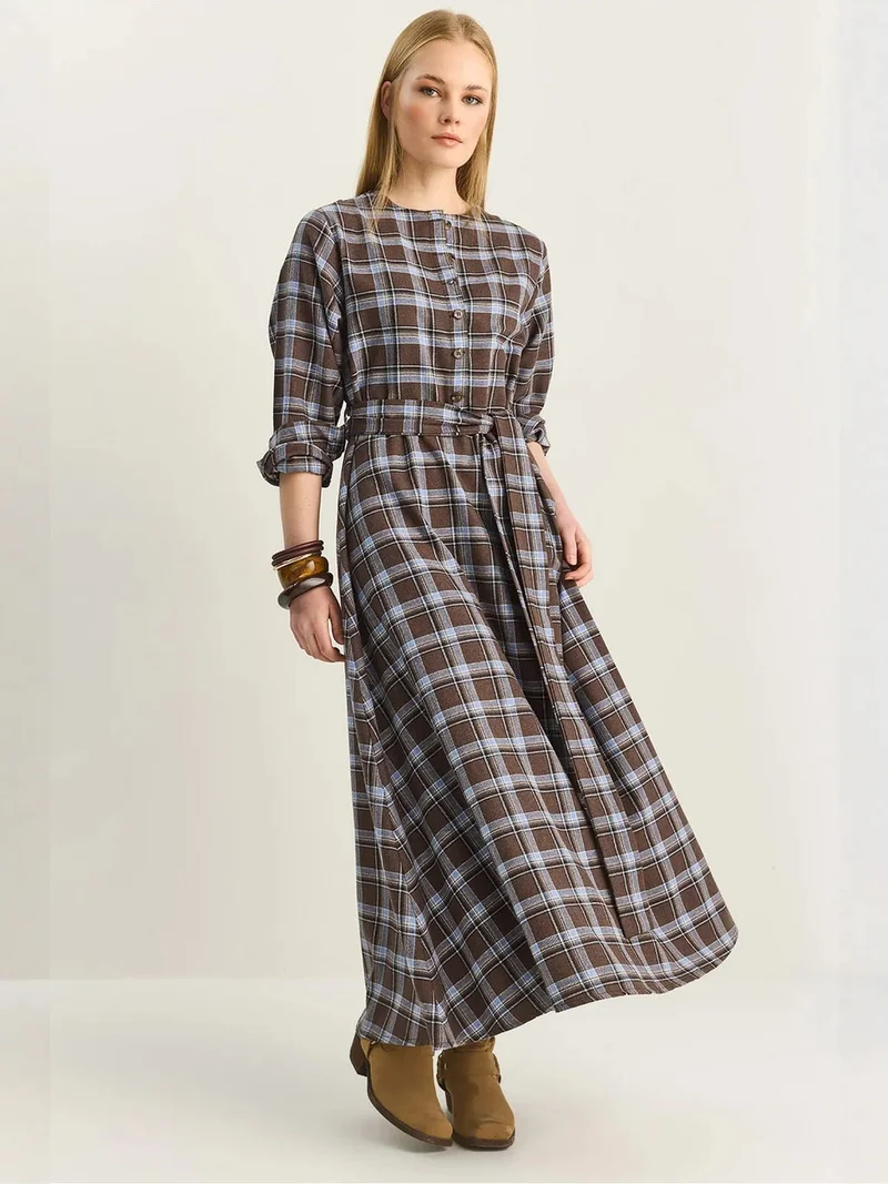LUCCI Plaid Midi Dress with Belt