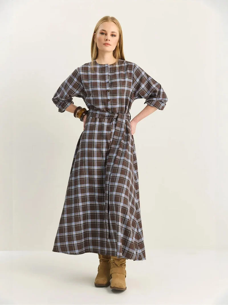 بيانكو لوتشي LUCCI Plaid Midi Dress with Belt