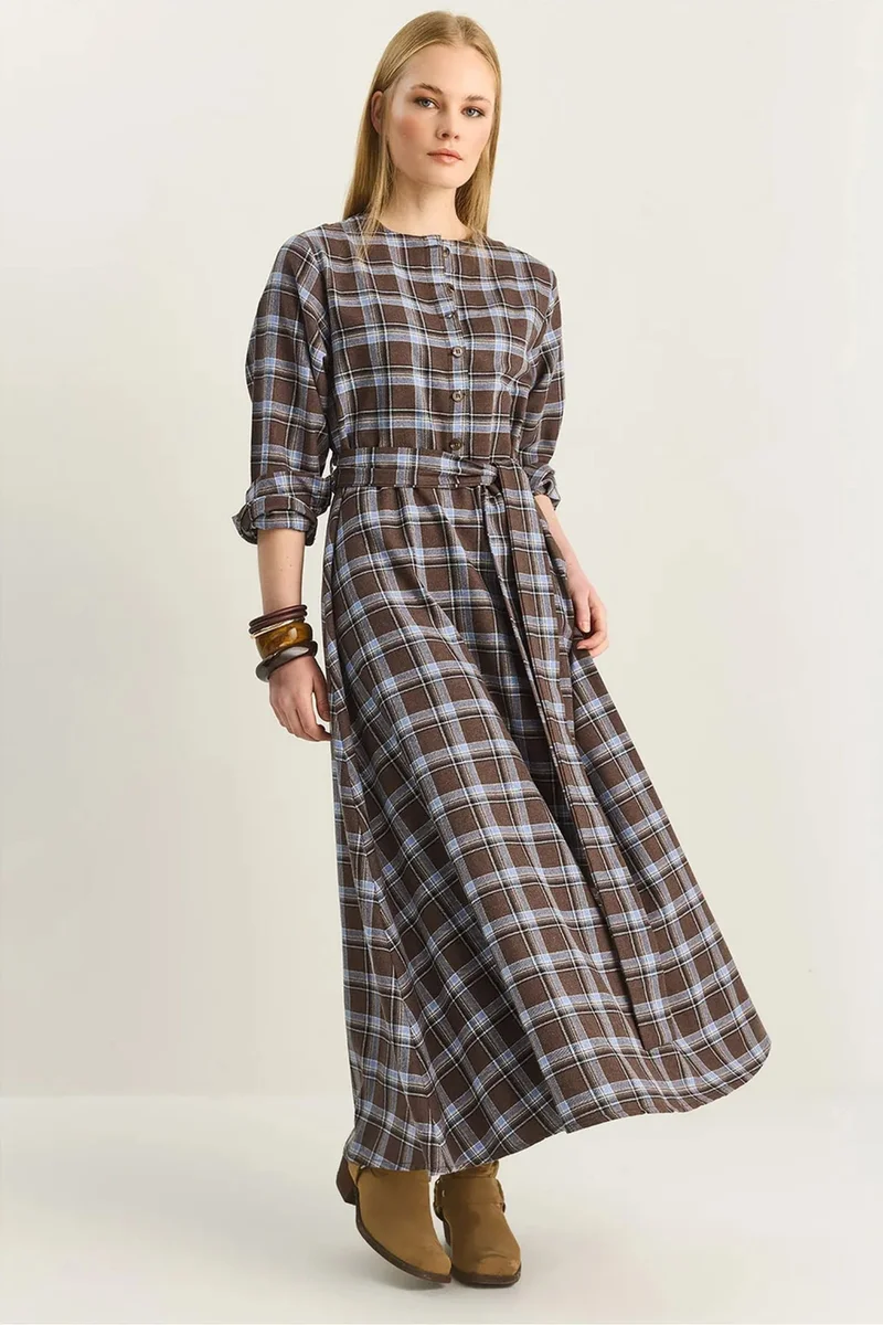 بيانكو لوتشي LUCCI Plaid Midi Dress with Belt
