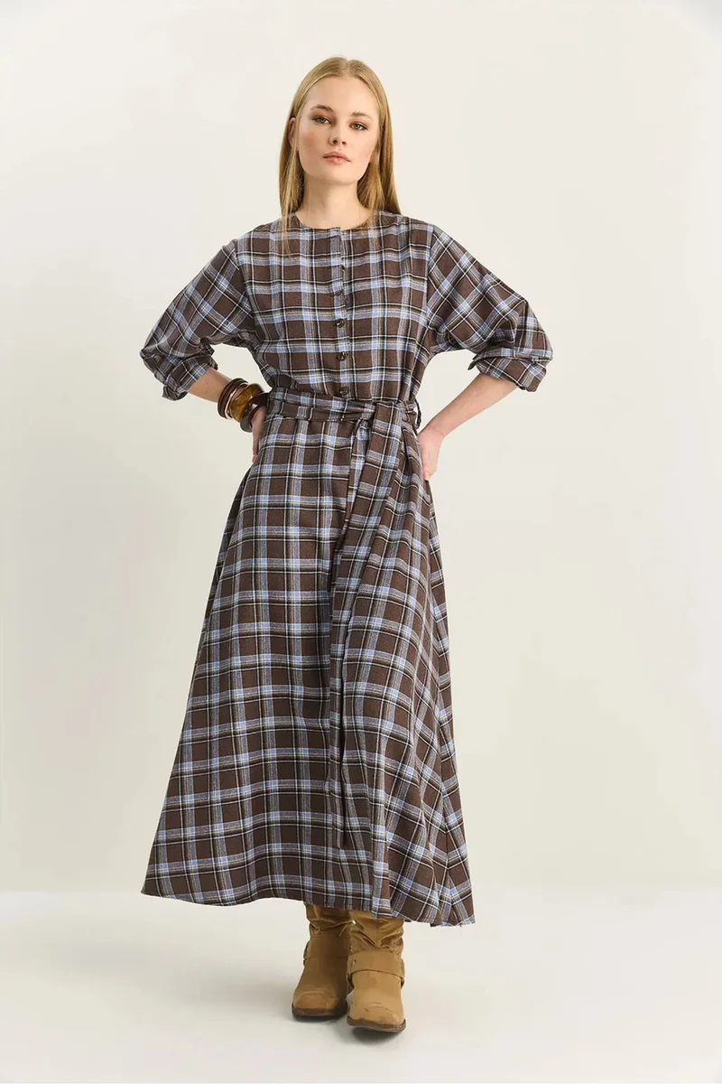 بيانكو لوتشي LUCCI Plaid Midi Dress with Belt