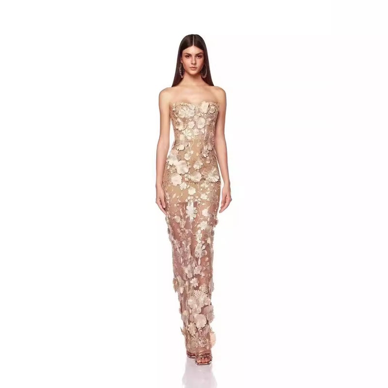 French Luxury 3D Floral Strapless Evening Dress - Image 1
