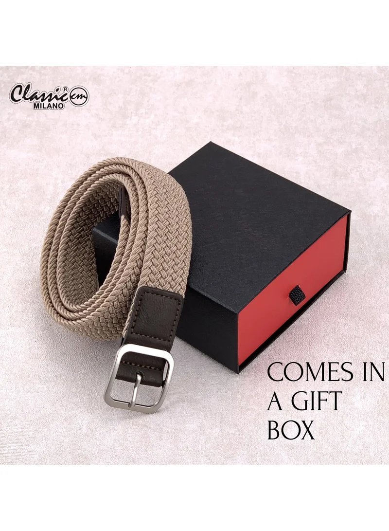 Classic Milano Beige (DWE-314) Classic Milano Braided Cotton Elastic Stretch Belt for Men & Women, Woven Canvas Web Belt with Gift Box, Adjustable Men's Belt | Full Length: 110CM (Free Size - Fits up to the waist of 40 Inches / 100 CM)  | Best Price UAE