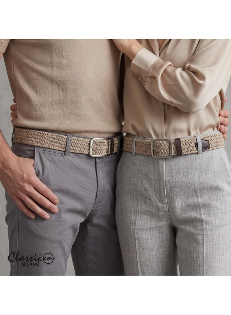 Classic Milano Beige (DWE-314) Classic Milano Braided Cotton Elastic Stretch Belt for Men & Women, Woven Canvas Web Belt with Gift Box, Adjustable Men's Belt | Full Length: 110CM (Free Size - Fits up to the waist of 40 Inches / 100 CM)  | Best Price UAE