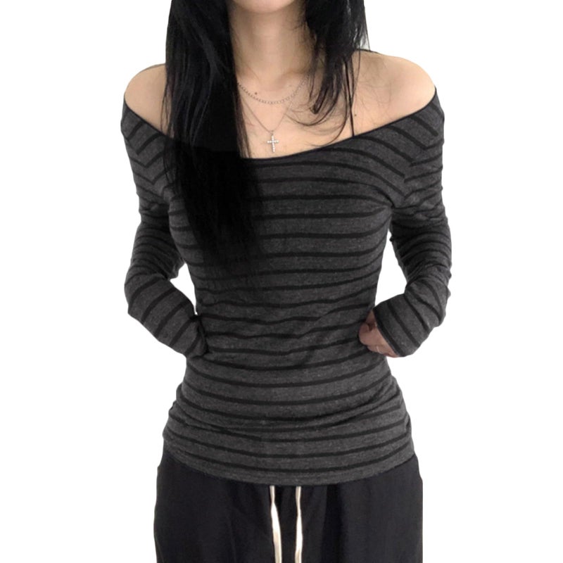 Vuwty Women Stripe Off Shoulder Long Sleeve Grunge Shirt Tops Y2K Graphic Aesthetic Gothic T Shirts Vintage Tee Fall Clothes (Dark Grey, M) - Image 1