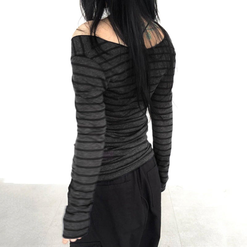 Vuwty Women Stripe Off Shoulder Long Sleeve Grunge Shirt Tops Y2K Graphic Aesthetic Gothic T Shirts Vintage Tee Fall Clothes (Dark Grey, M) - Image 5
