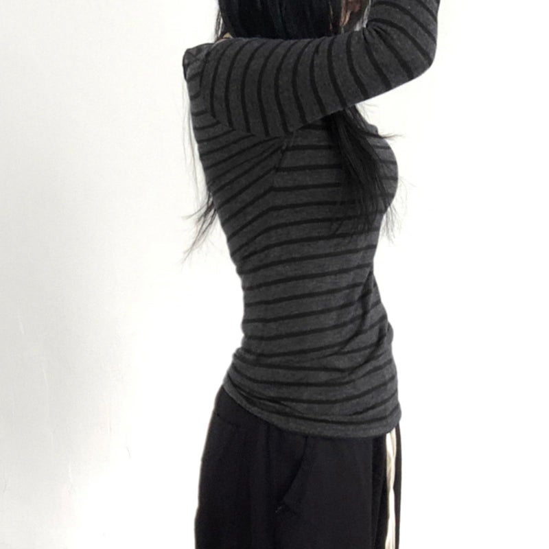 Vuwty Women Stripe Off Shoulder Long Sleeve Grunge Shirt Tops Y2K Graphic Aesthetic Gothic T Shirts Vintage Tee Fall Clothes (Dark Grey, M) - Image 4