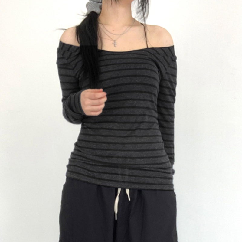 Vuwty Women Stripe Off Shoulder Long Sleeve Grunge Shirt Tops Y2K Graphic Aesthetic Gothic T Shirts Vintage Tee Fall Clothes (Dark Grey, M) - Image 2