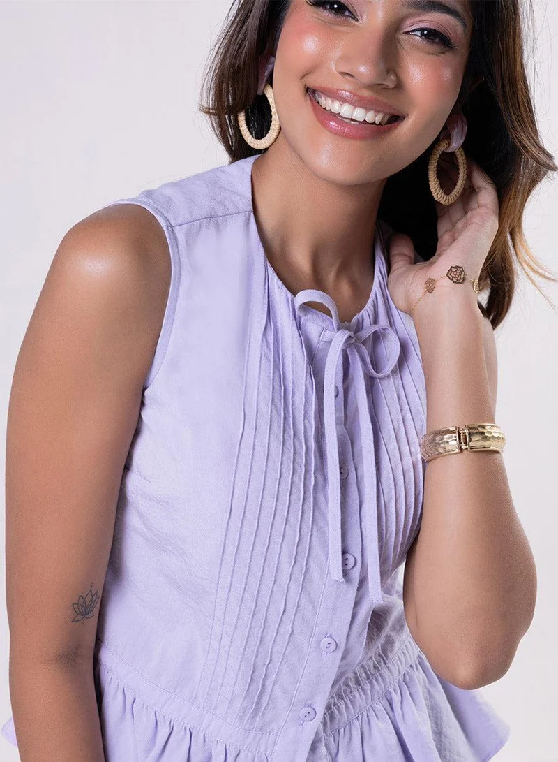 Zigzag Sleeveless Pintuck Peplum Top-Lavendar