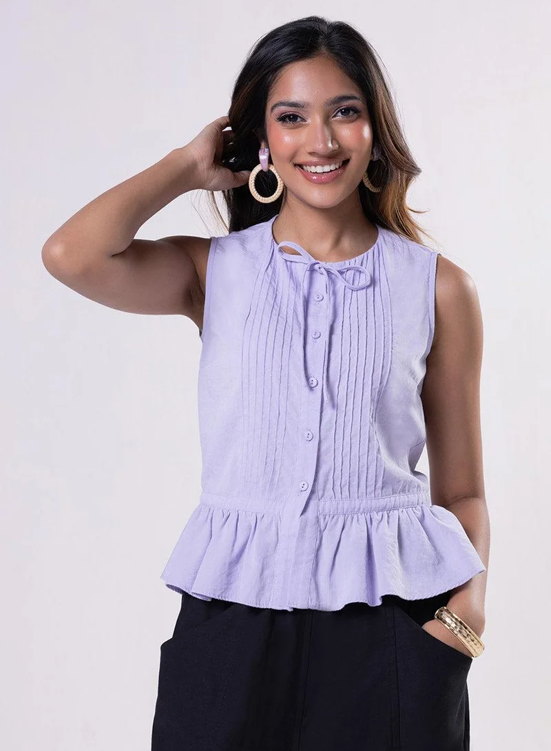 Zigzag Sleeveless Pintuck Peplum Top-Lavendar