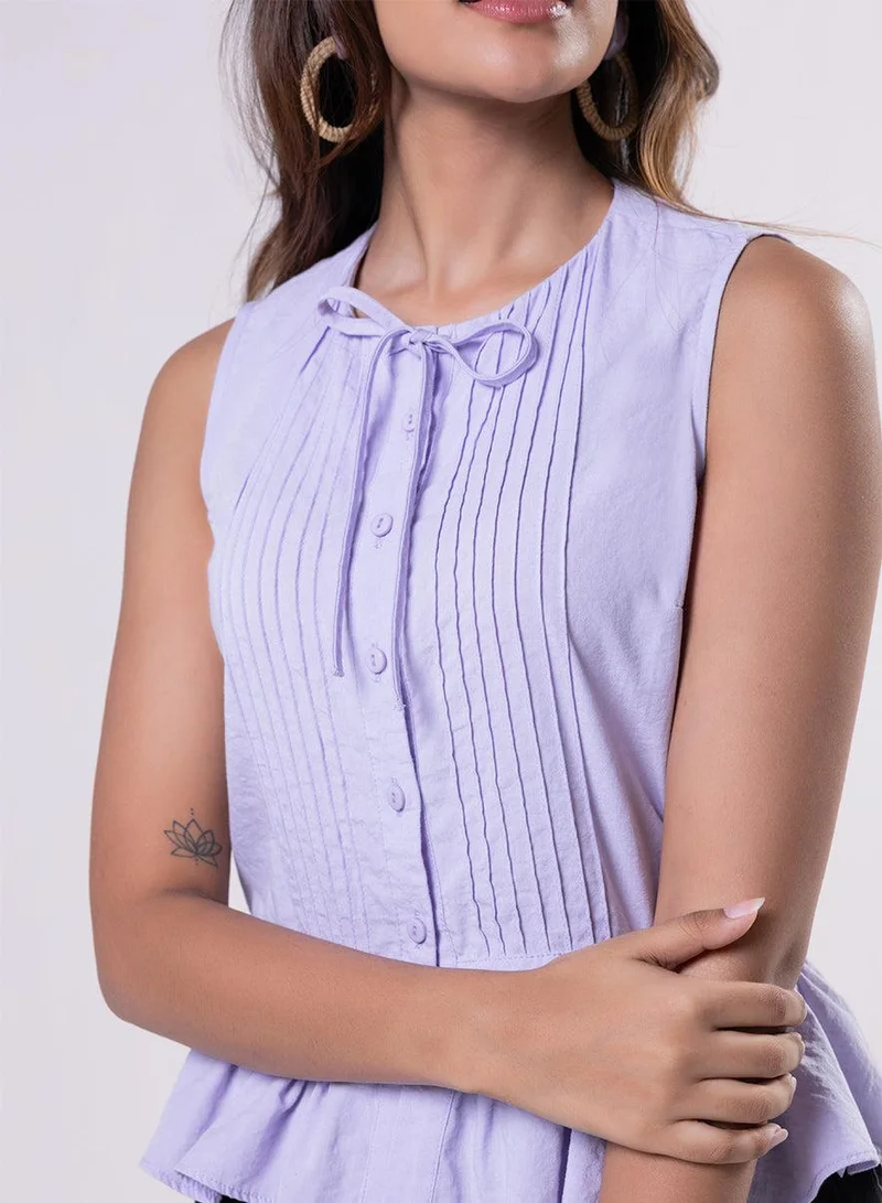 Zigzag Sleeveless Pintuck Peplum Top-Lavendar