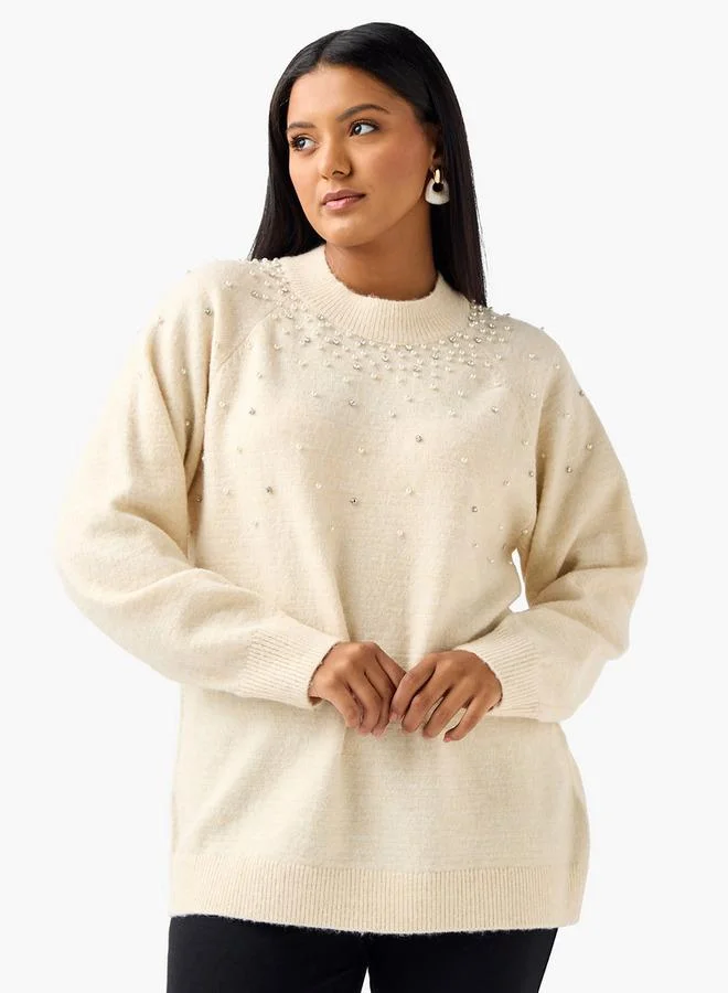 Ulla Popken Ulla Popken Relaxed Fit Embellished Crew Neck Sweater