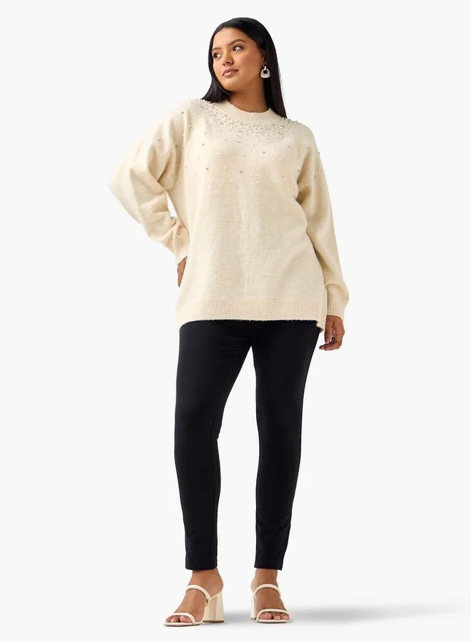 Ulla Popken Ulla Popken Relaxed Fit Embellished Crew Neck Sweater