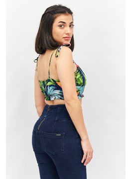 LASULA Women Square Neckline Sleeveless Allover Print Crop Top, Blue  - Image 3