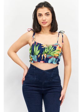 LASULA Women Square Neckline Sleeveless Allover Print Crop Top, Blue  - Image 1