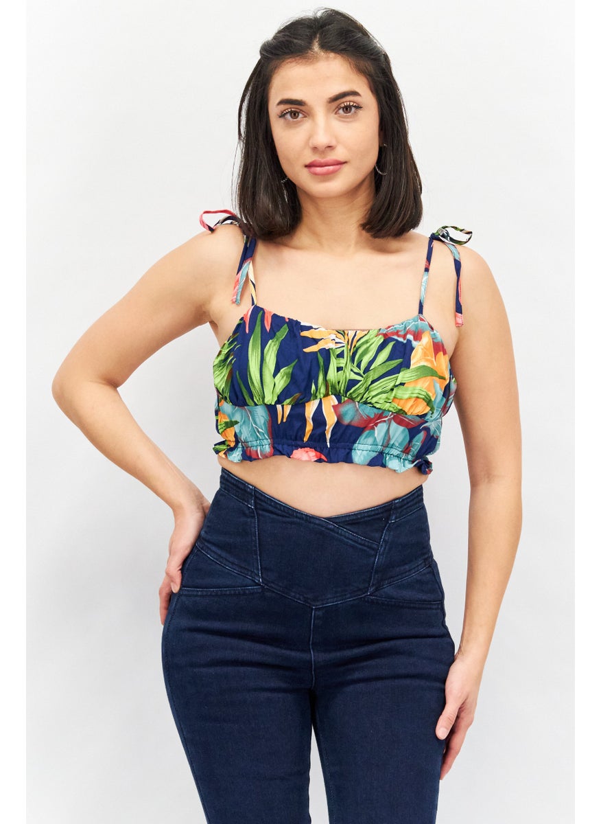 LASULA Women Square Neckline Sleeveless Allover Print Crop Top, Blue  - Image 1