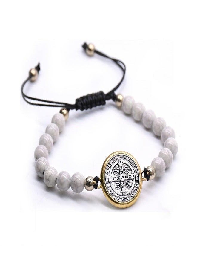 CACALOSS St Benedict Bracelet Catholic Bracelet Adjustable String Medal Religious Bracelets for Men Women Beige - Image 2