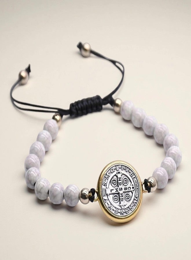 CACALOSS St Benedict Bracelet Catholic Bracelet Adjustable String Medal Religious Bracelets for Men Women Beige - Image 4