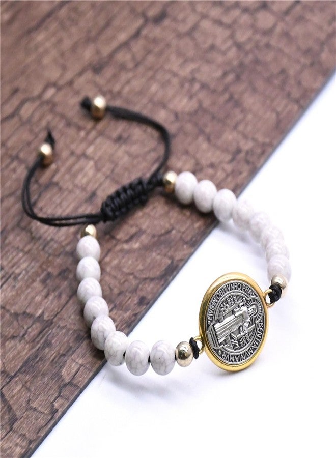 CACALOSS St Benedict Bracelet Catholic Bracelet Adjustable String Medal Religious Bracelets for Men Women Beige - Image 3