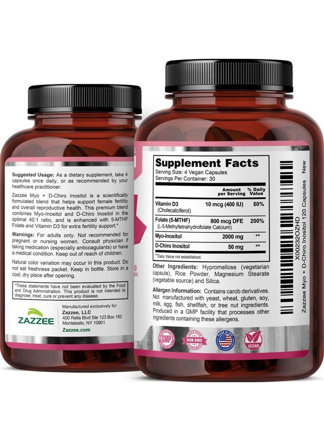Zazzee Myo and D-Chiro Inositol Supplement for Women - Fertility Supplement for Women with Ideal 40:1 Ratio Myo & D-Chiro Inositol D3 & Methylfolate Ovarian Support Vitamins - ISO Lab Tested (30 Servings) - Image 2