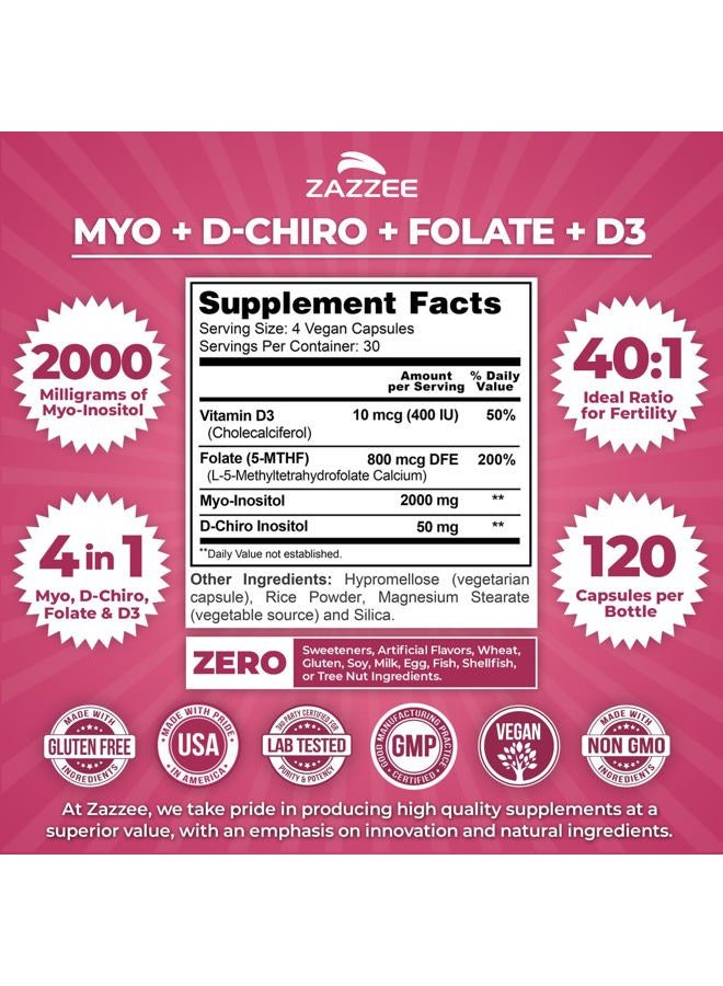 Zazzee Myo and D-Chiro Inositol Supplement for Women - Fertility Supplement for Women with Ideal 40:1 Ratio Myo & D-Chiro Inositol D3 & Methylfolate Ovarian Support Vitamins - ISO Lab Tested (30 Servings) - Image 5