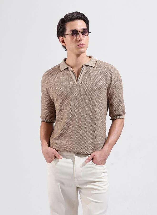 The Indian Garage Co Men Oversized Fit Textured Polo Neck Half Sleeves T-Shirt