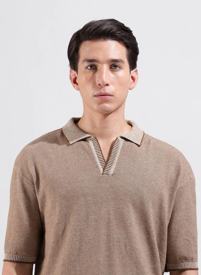 The Indian Garage Co Men Oversized Fit Textured Polo Neck Half Sleeves T-Shirt