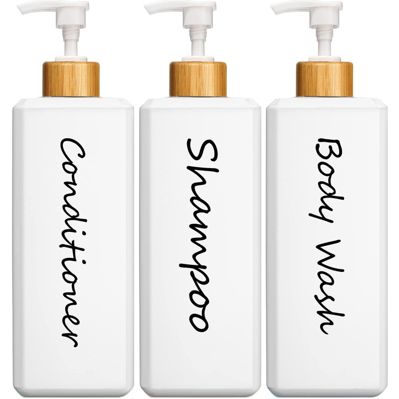 GMISUN Shampoo and Conditioner Dispenser Refillable White Shampoo and Conditioner Bottles with Bamboo Pump Modern Bathroom Shower Bottles Set for Shampoo Conditioner Body Wash 3 Pack