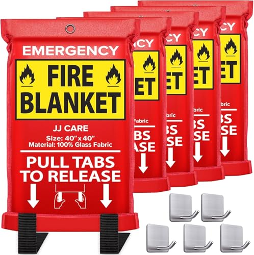 JJ CARE بطانية حريق JJ CARE – 5 عبوات مع خطافات – 40” × 40” بطانيات حريق للطوارئ للمنزل والمطبخ، مقاومة للحرارة العالية وحماية من اللهب للمطبخ، السيارة، المكتب، التخييم وسلامة المنزل - Image 1