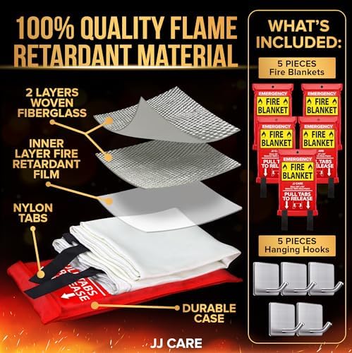 JJ CARE بطانية حريق JJ CARE – 5 عبوات مع خطافات – 40” × 40” بطانيات حريق للطوارئ للمنزل والمطبخ، مقاومة للحرارة العالية وحماية من اللهب للمطبخ، السيارة، المكتب، التخييم وسلامة المنزل - Image 2