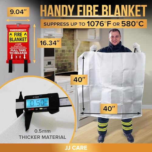 JJ CARE بطانية حريق JJ CARE – 5 عبوات مع خطافات – 40” × 40” بطانيات حريق للطوارئ للمنزل والمطبخ، مقاومة للحرارة العالية وحماية من اللهب للمطبخ، السيارة، المكتب، التخييم وسلامة المنزل - Image 3