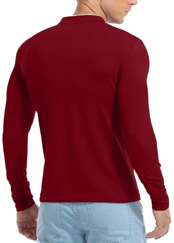 KUYIGO Men's Casual Slim Fit Shirts Long Sleeve Polo Shirt Cotton Button T-Shirts Wine Red Medium - Image 5