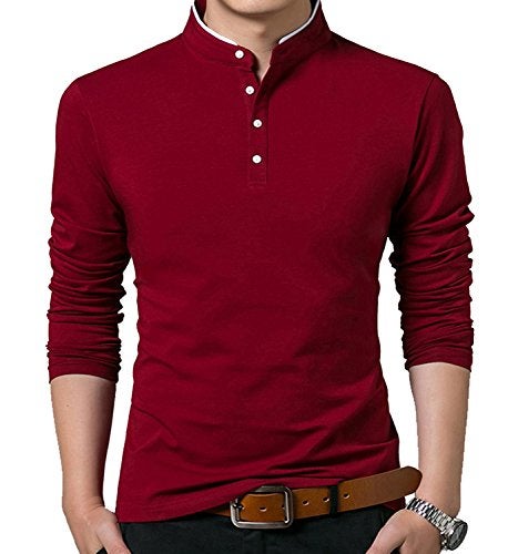 KUYIGO Men's Casual Slim Fit Shirts Long Sleeve Polo Shirt Cotton Button T-Shirts Wine Red Medium - Image 2
