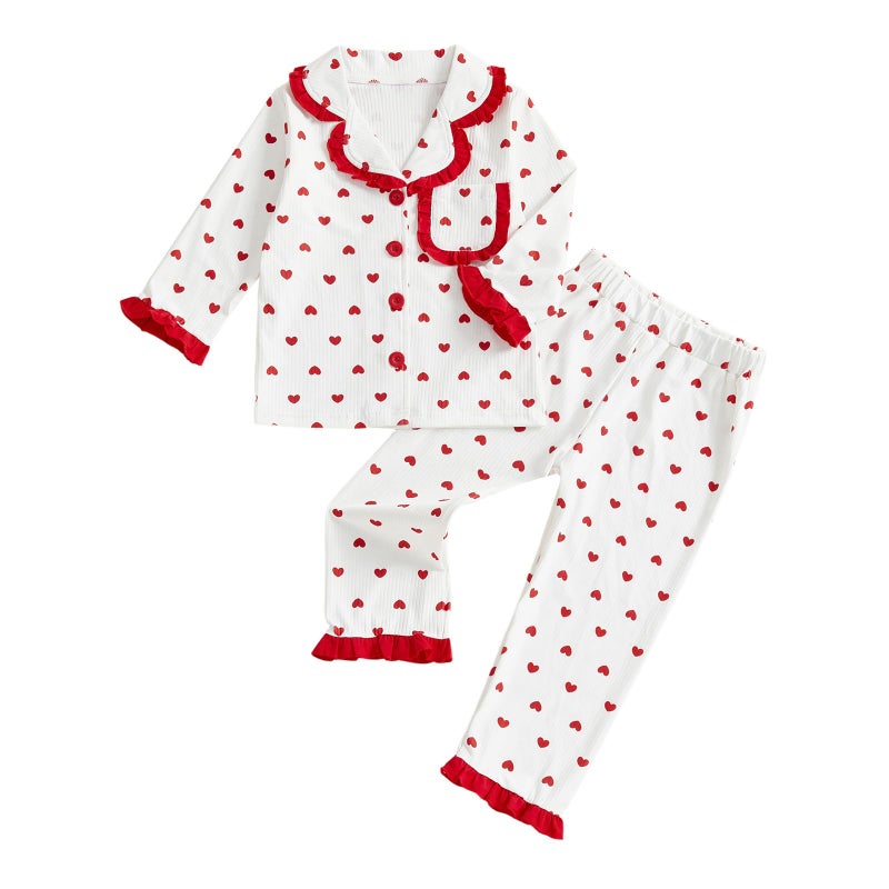 Kuriozud Kids Valentines Day Pajamas Toddler Baby Girl heart Button Down Pjs Tops Pants Little Girls Valentines Pajama Set (Heart Red, 6-12 Months) - Image 1