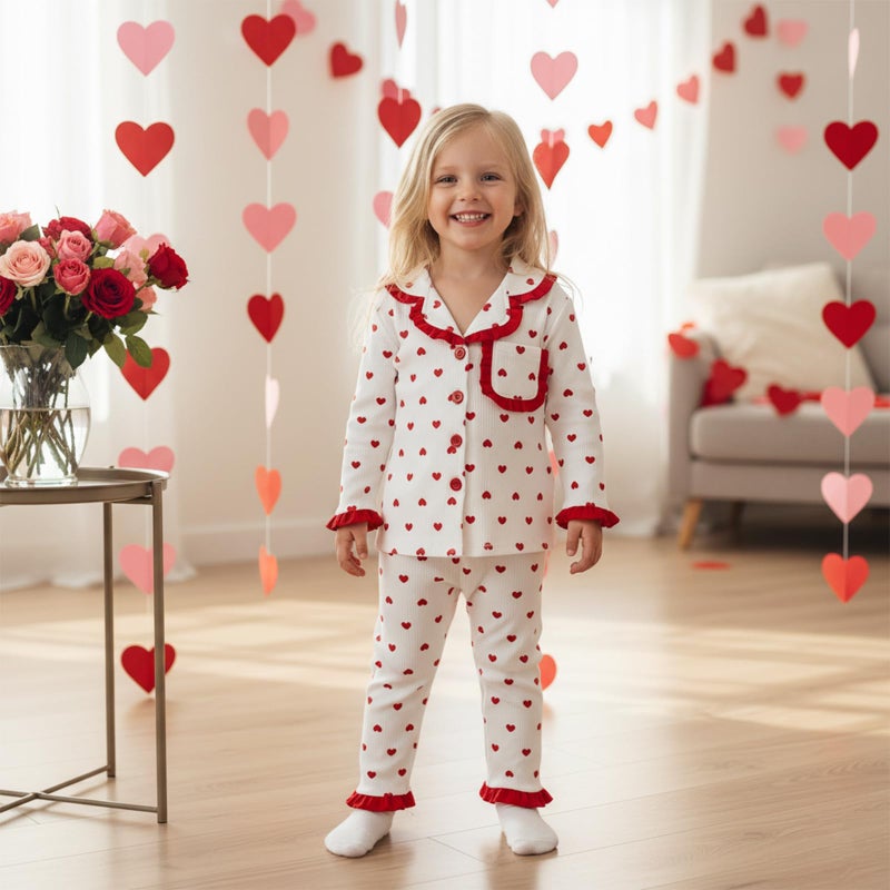 Kuriozud Kids Valentines Day Pajamas Toddler Baby Girl heart Button Down Pjs Tops Pants Little Girls Valentines Pajama Set (Heart Red, 6-12 Months) - Image 2