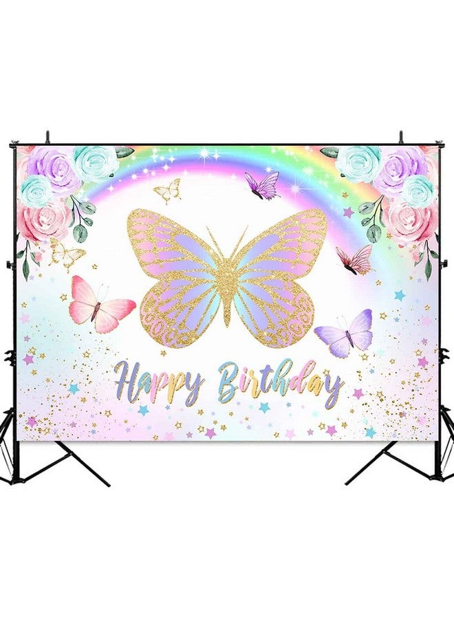 Sensfun Rainbow Butterfly Birthday Backdrop Purple Pink Floral Butterflies Birthday Background Girls Wishes and Butterfly Kisses Party Decorations Cake Table Banner Supplies 7x5ft - Image 2