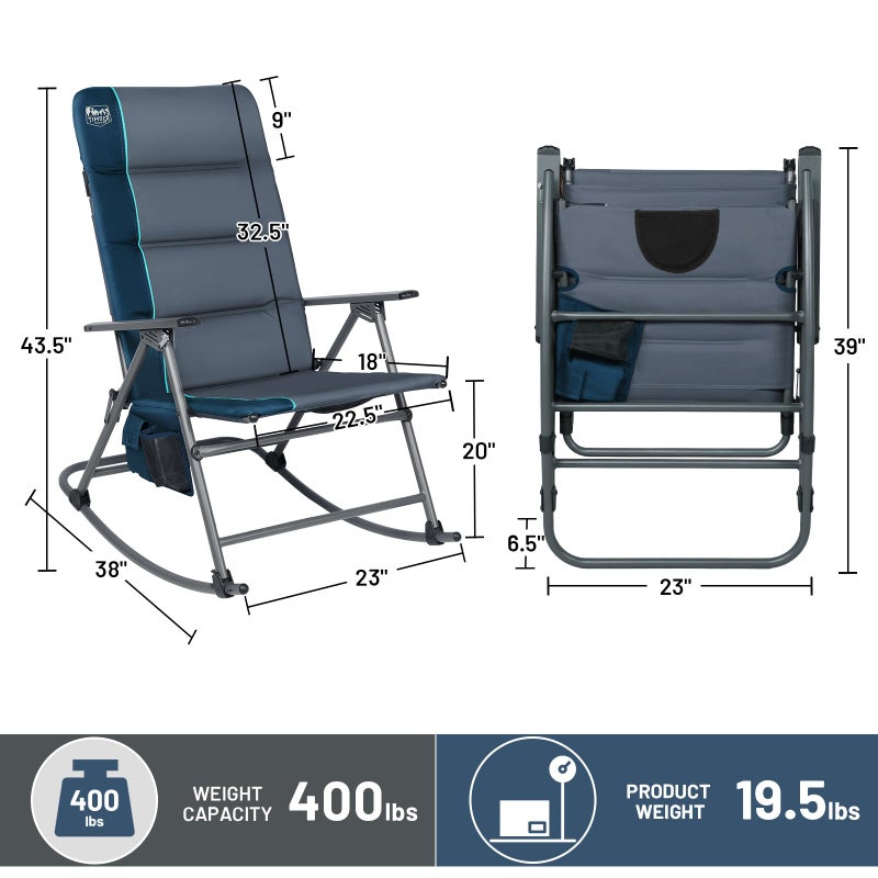Timber Ridge Oversized Folding Rocking Camping Chair, Padded Outdoor Rocker with High Back, Portable Outdoor Chair for Patio, Garden, Lawn, Supports up to 400 lbs, Blue - Image 3