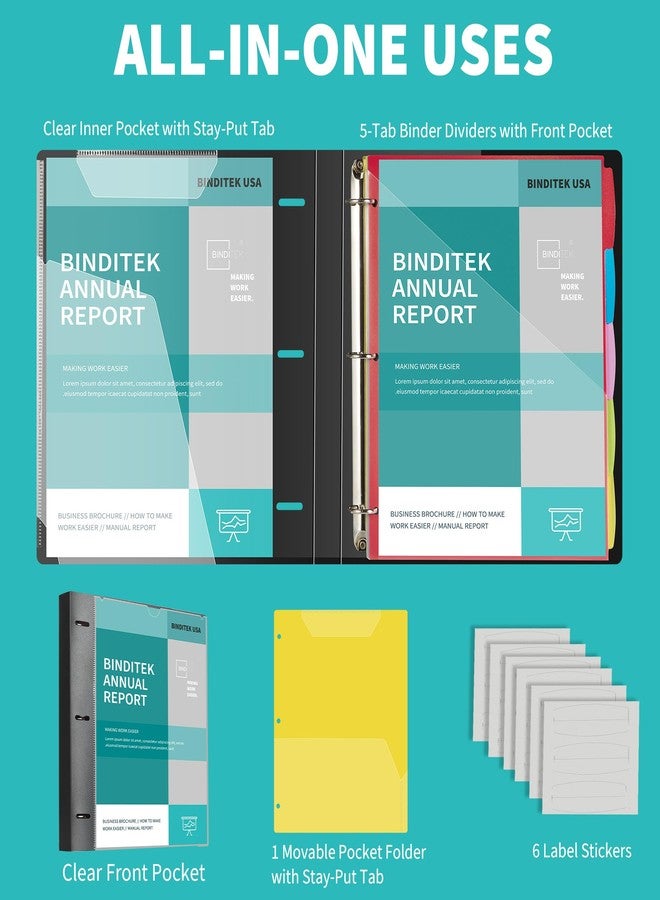Binditek مجلد Binditek قابل لإعادة التعبئة بثلاث حلقات، مجلد دائري بقطر بوصة واحدة مع فواصل بلاستيكية بخمسة ألسنة، غلاف أمامي قابل للتخصيص، جيب داخلي شفاف، منظم مشاريع لحجم الرسائل، أسود - Image 3