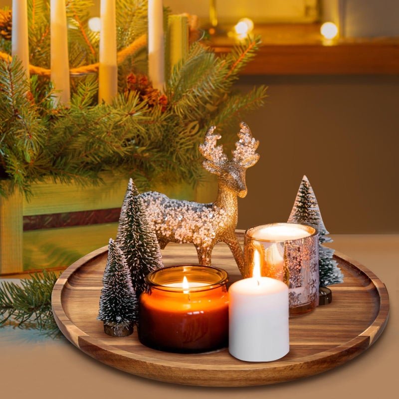 Ayiaren Acacia Round Wood Tray Decorative Serving Trays for Ottoman Coffee Table Candle Holder Tray Kitchen Counter Island Accents Home Decor Circle Circular Wood Centerpiece Trays for Dining Room Table - Image 2