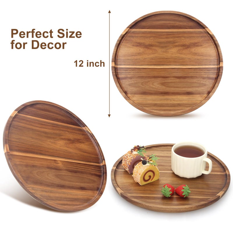 Ayiaren Acacia Round Wood Tray Decorative Serving Trays for Ottoman Coffee Table Candle Holder Tray Kitchen Counter Island Accents Home Decor Circle Circular Wood Centerpiece Trays for Dining Room Table - Image 5