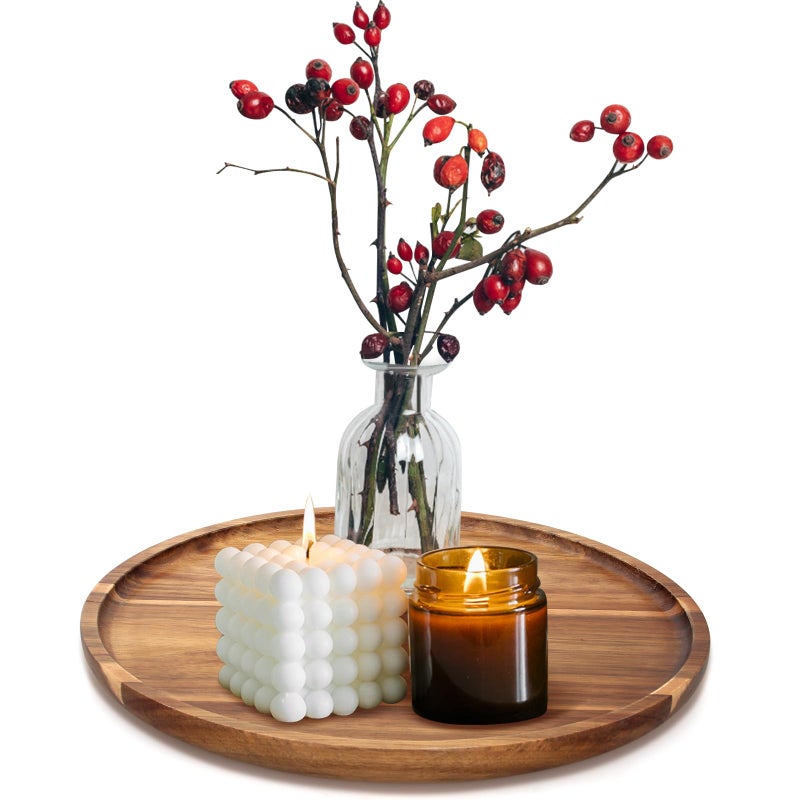 Ayiaren Acacia Round Wood Tray Decorative Serving Trays for Ottoman Coffee Table Candle Holder Tray Kitchen Counter Island Accents Home Decor Circle Circular Wood Centerpiece Trays for Dining Room Table - Image 1