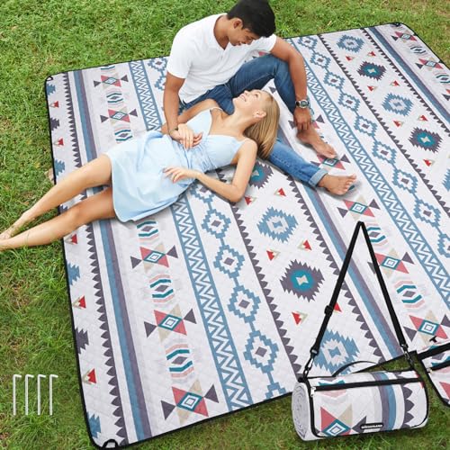 WICKERLAND Picnic Blankets Extra Large Beach Blanket Waterproof Sandproof with Shoulder Strap Machine Washable Outdoor Blanket with Stakes for Grass Concert Park LawnTravelSpring Summer Navy - Image 1