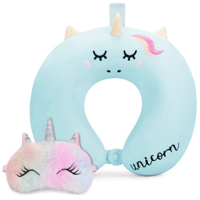 TODDLER NECK PILLOW KIDS TRAVEL NECK PILLOW FOR TRAVELING WITH EYE MASK TODDLER CUTE UNICORN AIRPLANE TRAVEL ESSENTIALS MEMORY FOAM CAR FLIGHT SLEEPING HEADREST FOR BABY BOY GIRL CHILD GIFT BLUE