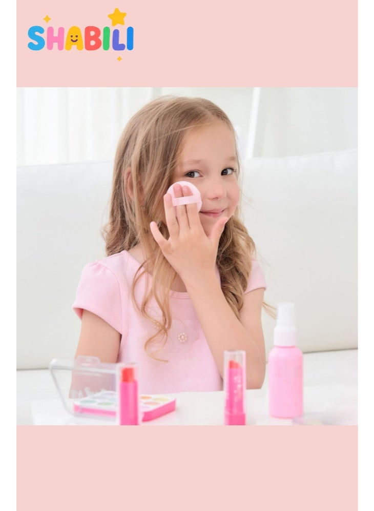 SHABILI Kids Pretend Makeup Kit for Girls, ABS Beauty Playset with Mirror & 10 Pcs Washable Non-Toxic Fake Cosmetics, Dress Up & Role Play Set for Birthday/Eid Gifts, for Children 3–10 Years (Pink) - Image 2