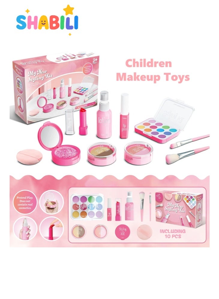 SHABILI Kids Pretend Makeup Kit for Girls, ABS Beauty Playset with Mirror & 10 Pcs Washable Non-Toxic Fake Cosmetics, Dress Up & Role Play Set for Birthday/Eid Gifts, for Children 3–10 Years (Pink) - Image 1
