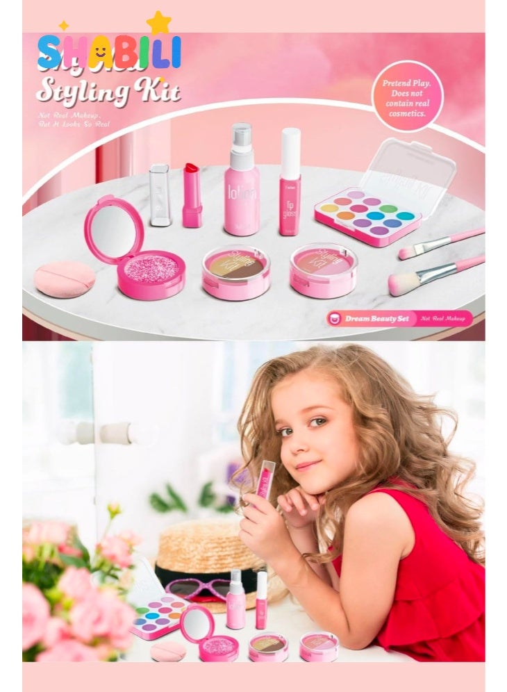 SHABILI Kids Pretend Makeup Kit for Girls, ABS Beauty Playset with Mirror & 10 Pcs Washable Non-Toxic Fake Cosmetics, Dress Up & Role Play Set for Birthday/Eid Gifts, for Children 3–10 Years (Pink) - Image 3